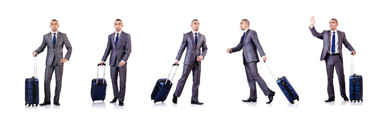 Businessman with luggage on white