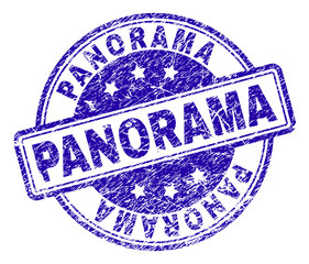 PANORAMA stamp seal imprint with grunge texture. Designed with rounded rectangles and circles. Blue vector rubber print of PANORAMA text with grunge texture.