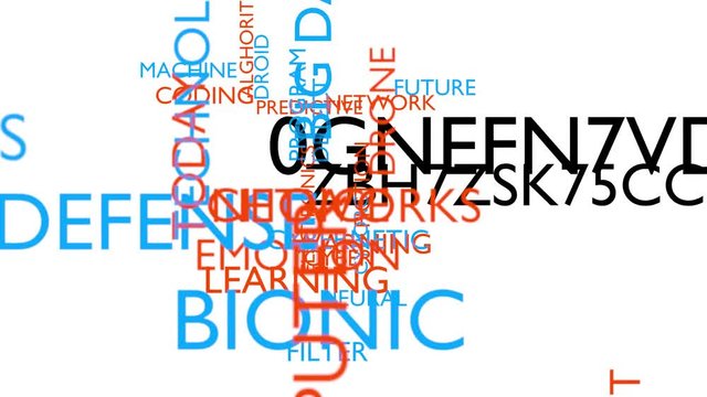 Artificial intelligence word tag cloud - with rotating characters. 3D rendering, white variant.