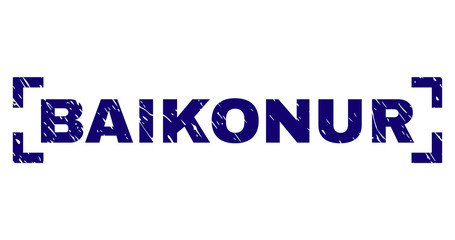 BAIKONUR label seal watermark with grunge texture. Text label is placed inside corners. Blue vector rubber print of BAIKONUR with grunge texture.