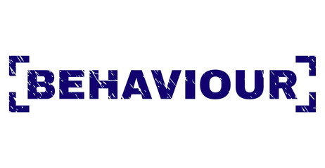 BEHAVIOUR title seal stamp with grunge texture. Text title is placed between corners. Blue vector rubber print of BEHAVIOUR with dirty texture.