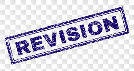 REVISION stamp seal print with grainy style and double framed rectangle shape. Stamp is placed on a transparent background. Blue vector rubber print of REVISION text with unclean texture.