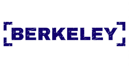 BERKELEY title seal print with grunge texture. Text title is placed between corners. Blue vector rubber print of BERKELEY with unclean texture.