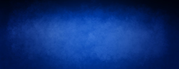 Black and blue background with space for text, elegant black shadow vignette border with bright blue center with vintage texture