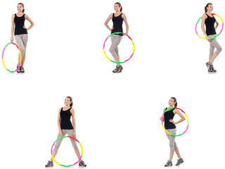Young woman with hula hoop isolated on white 