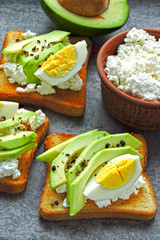 Appetizing avocado toasts with cottage cheese and quail eggs.