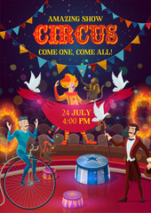 Circus magician, clown, acrobat, jugglers on arena © Vector Tradition
