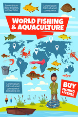 Fishing sport infographic with fisheries world map