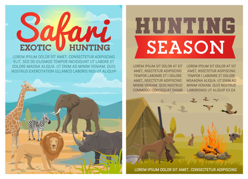 Safari hunting animals and birds with hunter gun