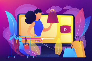 Fashion blogger review video fashionable purchase and clothes hanger. Fashion blog, shopping blogging, fashion blogger job concept. Bright vibrant violet vector isolated illustration