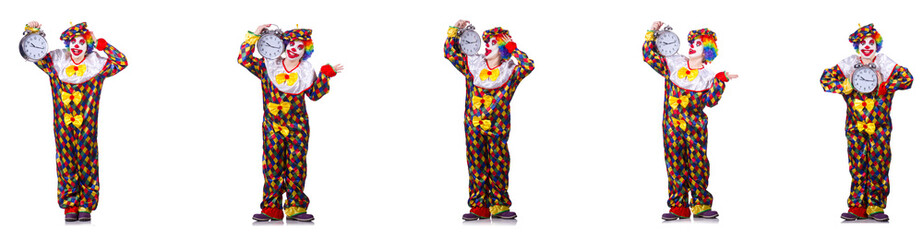 Fototapeta premium Funny male clown with alarm-clock 