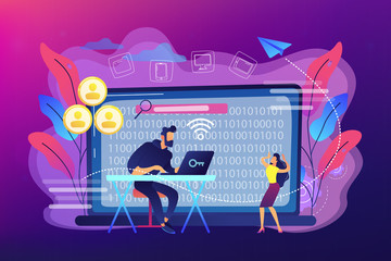 Hacker gathering target individuals sensitive data and making it public. Doxing, gathering online information, hacking exploit result concept. Bright vibrant violet vector isolated illustration