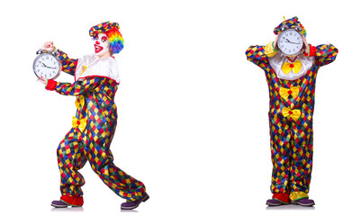 Obraz na płótnie Canvas Funny male clown with alarm-clock 