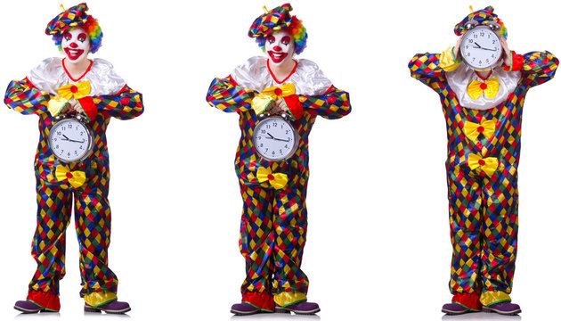 Funny male clown with alarm-clock 