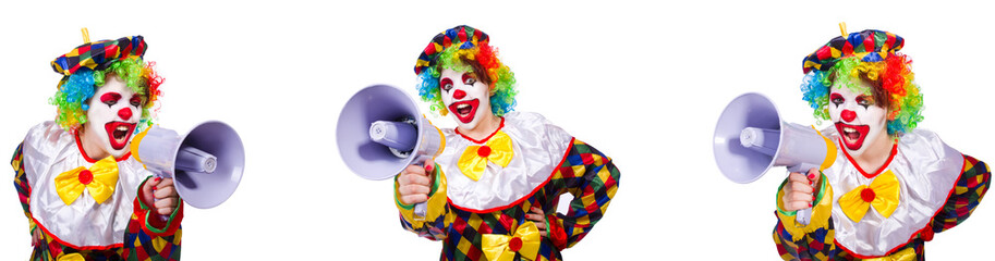 Funny male clown with megaphone 