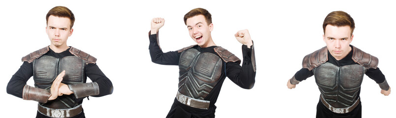Young funny man in armour suit 