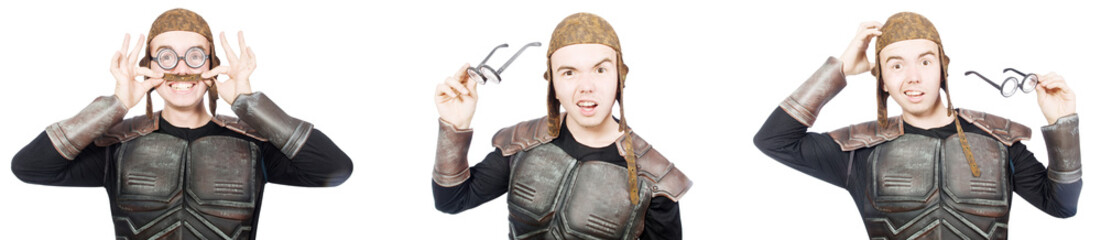 Young funny man in armour suit 