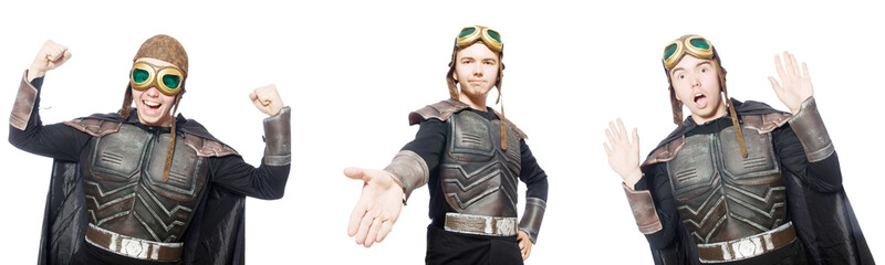 Young funny man in armour suit 