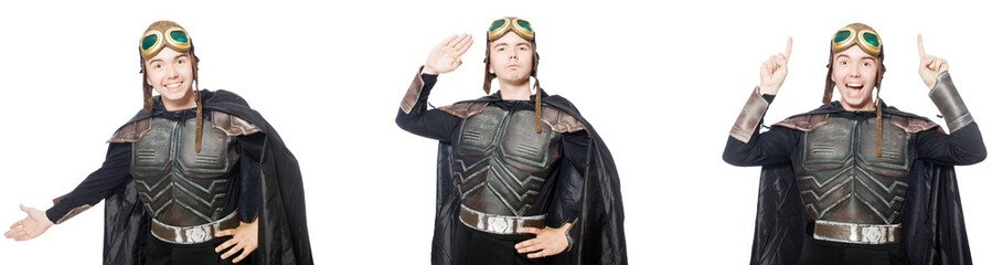 Young funny man in armour suit 