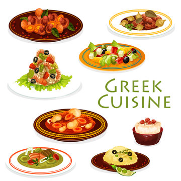 Greek dishes with meat, vegetables and seafood