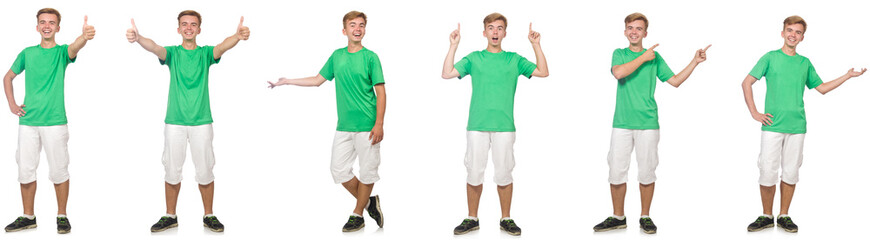 Young boy in green t-shirt isolated on white 