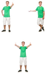 Fototapeta premium Young boy in green t-shirt isolated on white 