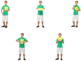 Young student with notes isolated on white 