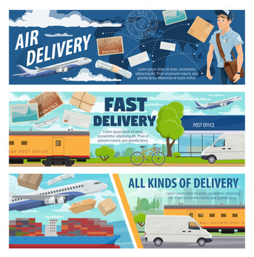 Mail delivery airplane, truck, train and ship