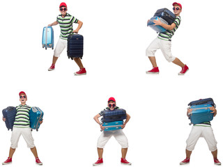 Fototapeta na wymiar Young man with heavy suitcases isolated on white 