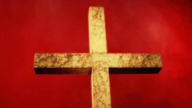 A big stone cross against a rising smoke over a red background. Symbolic shot: christianity, religion, trouble, bad omens.