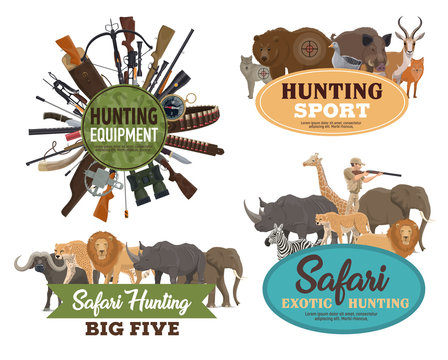 Hunting animals, hunter equipments and guns
