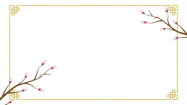 Growing Chinese styled line frame and Blooming Cherry blossom motion background with falling petals