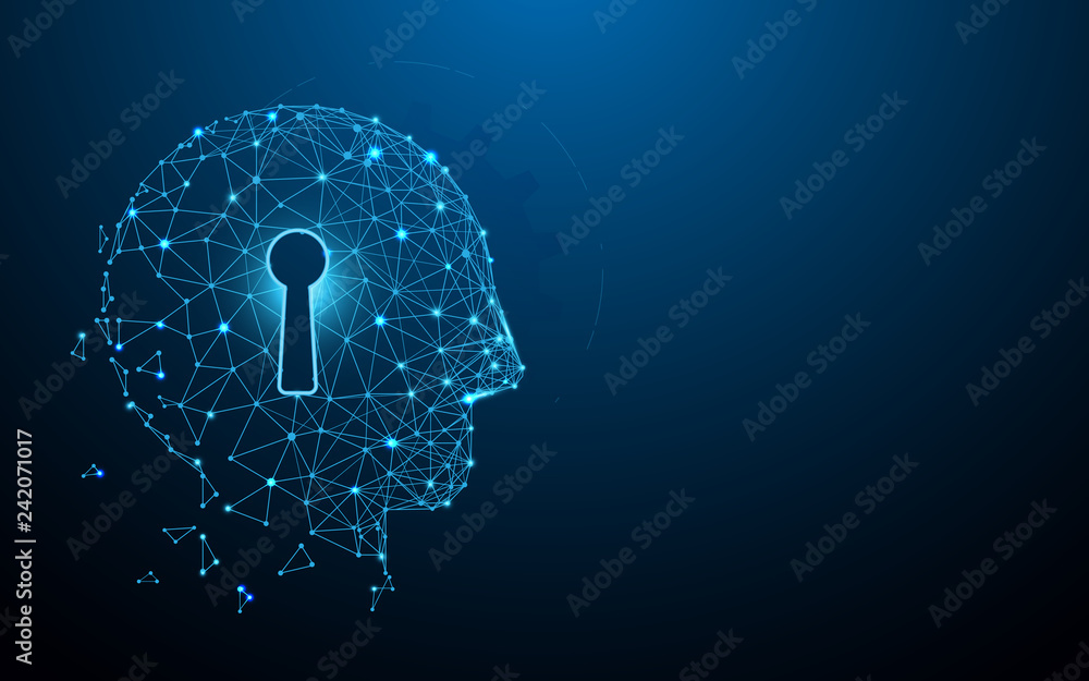 Aufkleber key and human head form lines, triangles and particle style design. illustration vector
