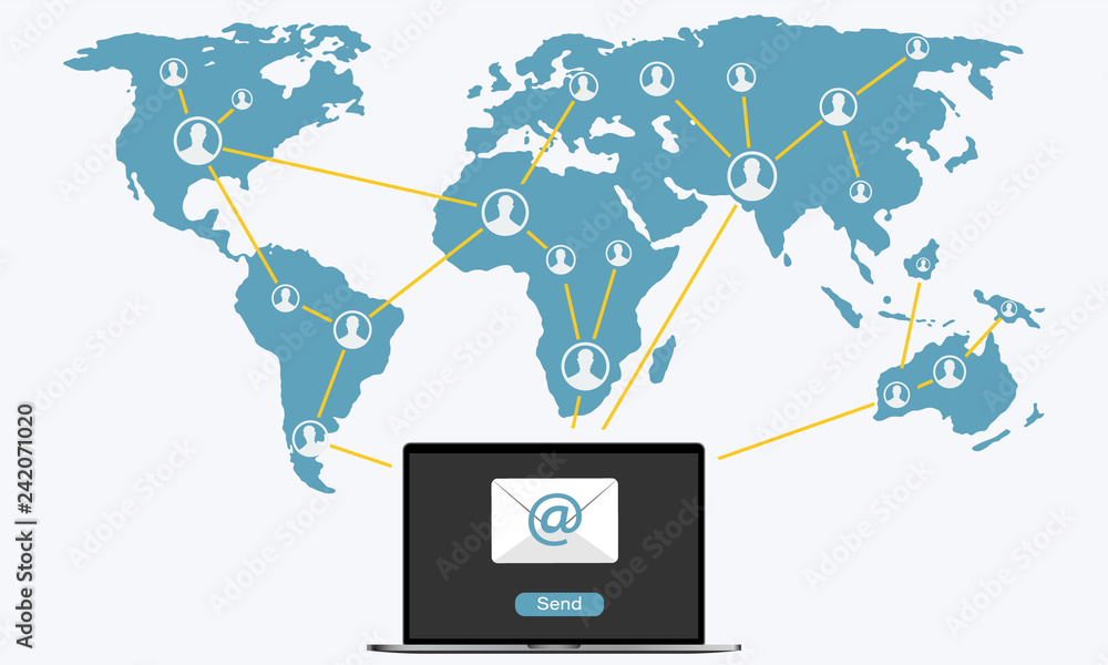 Sticker email marketing concept design. sending message with email in a laptop on world map background, comm