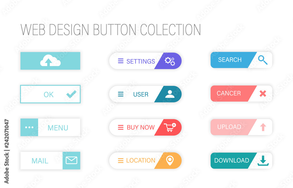 Poster web design buttons. colorful button set on white background. flat line gradient button collection.we