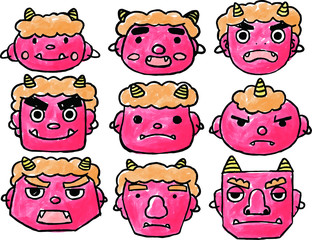 Watercolor style red demon's face set