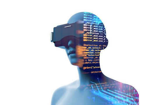 3d rendering of virtual human in VR headset on futuristic technology background