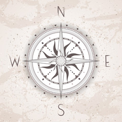 Vector illustration with a vintage compass or wind rose on grunge background. 
