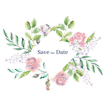 Fototapeta Watercolor frame for wedding or romantic design. Floral composit