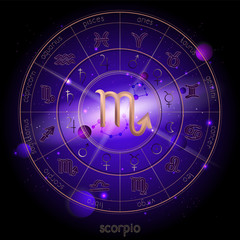 Vector illustration of sign and constellation SCORPIO and Horoscope circle with astrology pictograms against the space background.