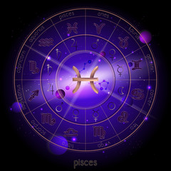 Vector illustration of sign and constellation PISCES and Horoscope circle with astrology pictograms against the space background.