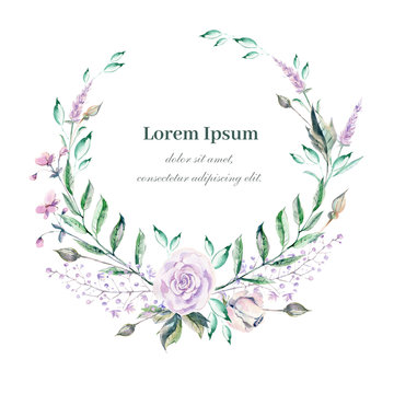 Watercolor wreath for wedding or romantic design. Floral composi