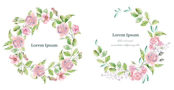 Fototapeta Watercolor wreath for wedding or romantic design. Floral composi