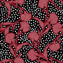 Beautiful Silhouette Carnation flowers made from hand sketch white  polka dots seamless vector  pattern on polka dots background layer © MSNTY_STUDIOX