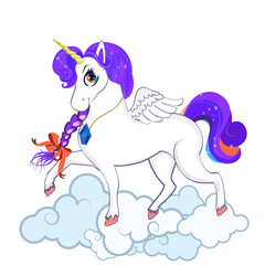 White pony unicorn with big eyes, golden horn, feather wings and purple mane