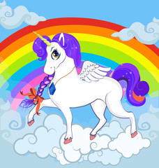 Obraz na płótnie Canvas white pony unicorn character standing on clouds with rainbow.