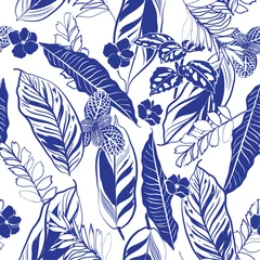 Papier Peint photo Ensemble nature aquarelle Feuilles tropicales bleues monotones à la mode et vecteur de motif harmonieux de feuillage dans un style dessiné à la main pour le tissu de mode et toutes les impressions