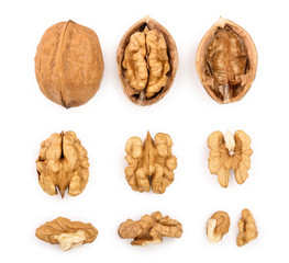 Walnuts isolated on white background. Top view. Flat lay. Set or collection
