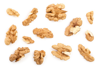 peelled Walnuts isolated on white background. Top view. Flat lay
