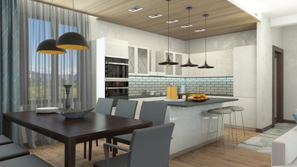 Interior of modern kitchen 3D rendering